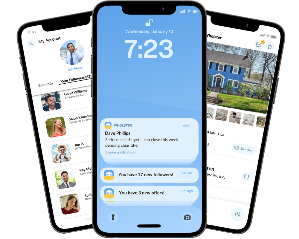 Wholster app showing push notifications for real estate deals