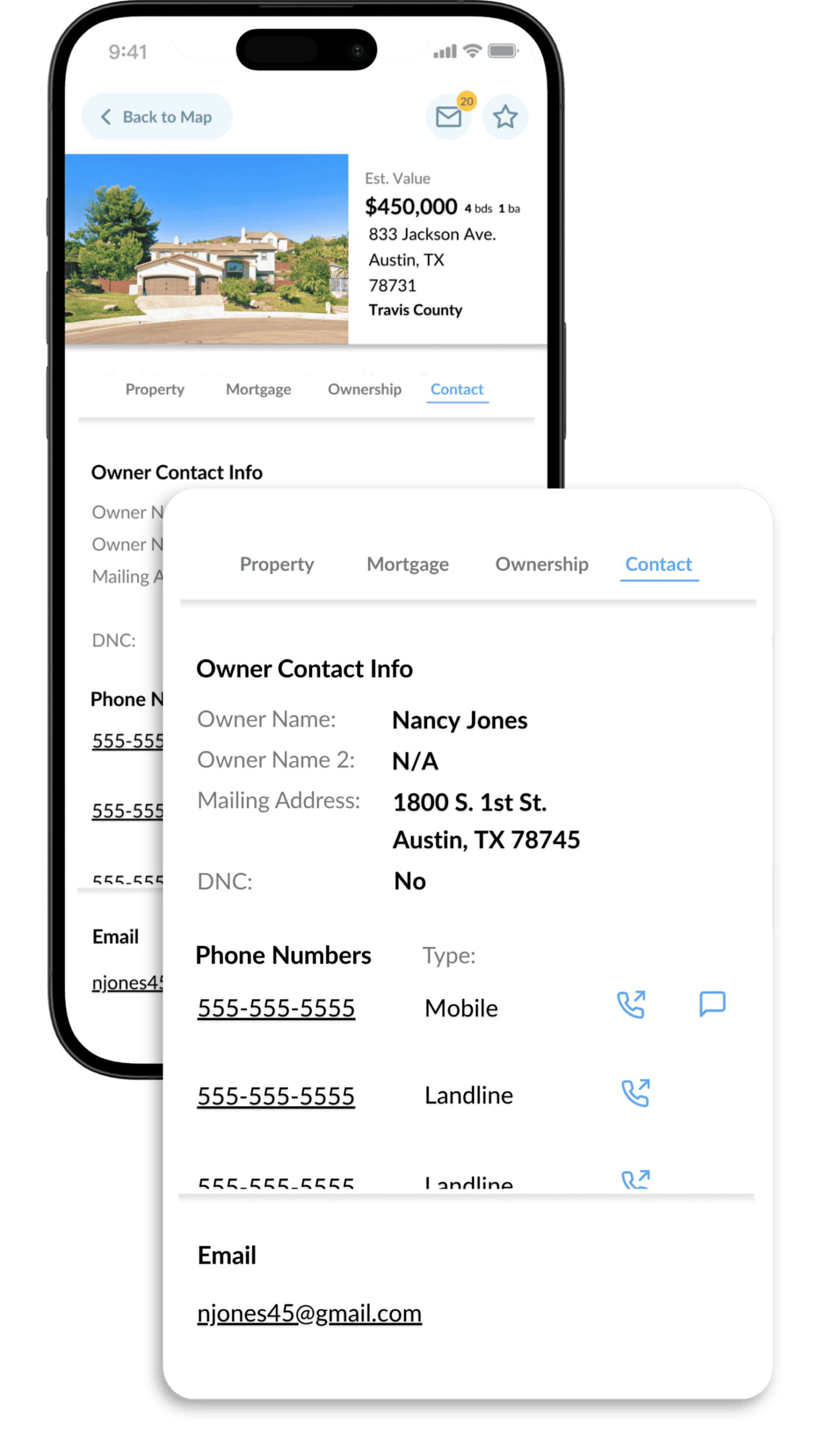 Wholster property owner contact data showing phone numbers, email address, mailing address, and contact information