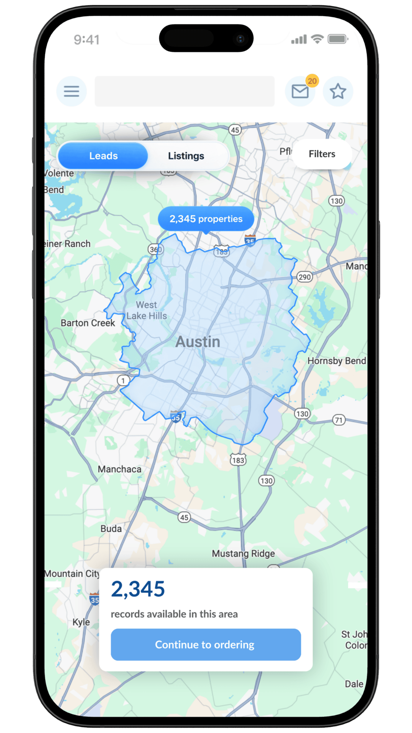 Wholster mobile app showing 2,345 off-market property records available across Austin, Texas