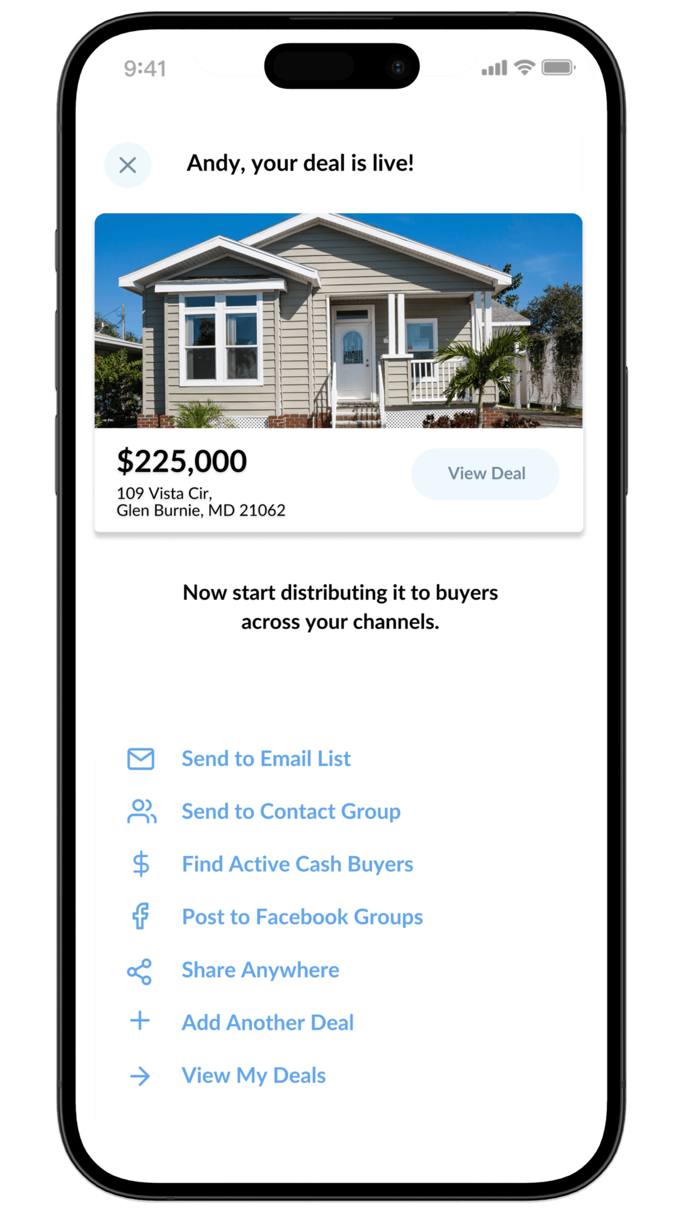 Wholster mobile app showing options for distributing a real estate deal across multiple buyer channels